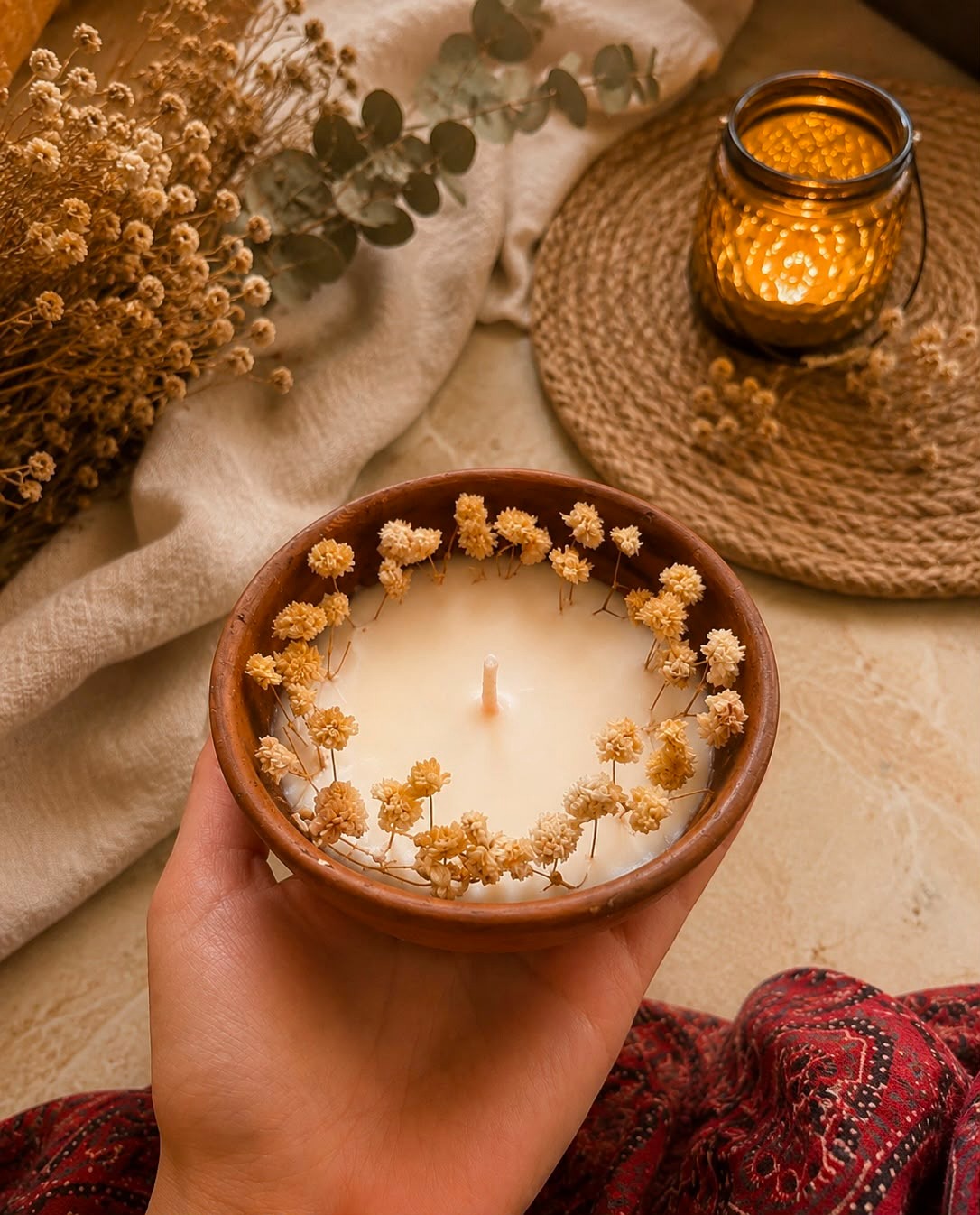 Botanical Bloom Candle – hand-poured soy wax in rustic clay bowl with dried flowers, by Lumina By Saima