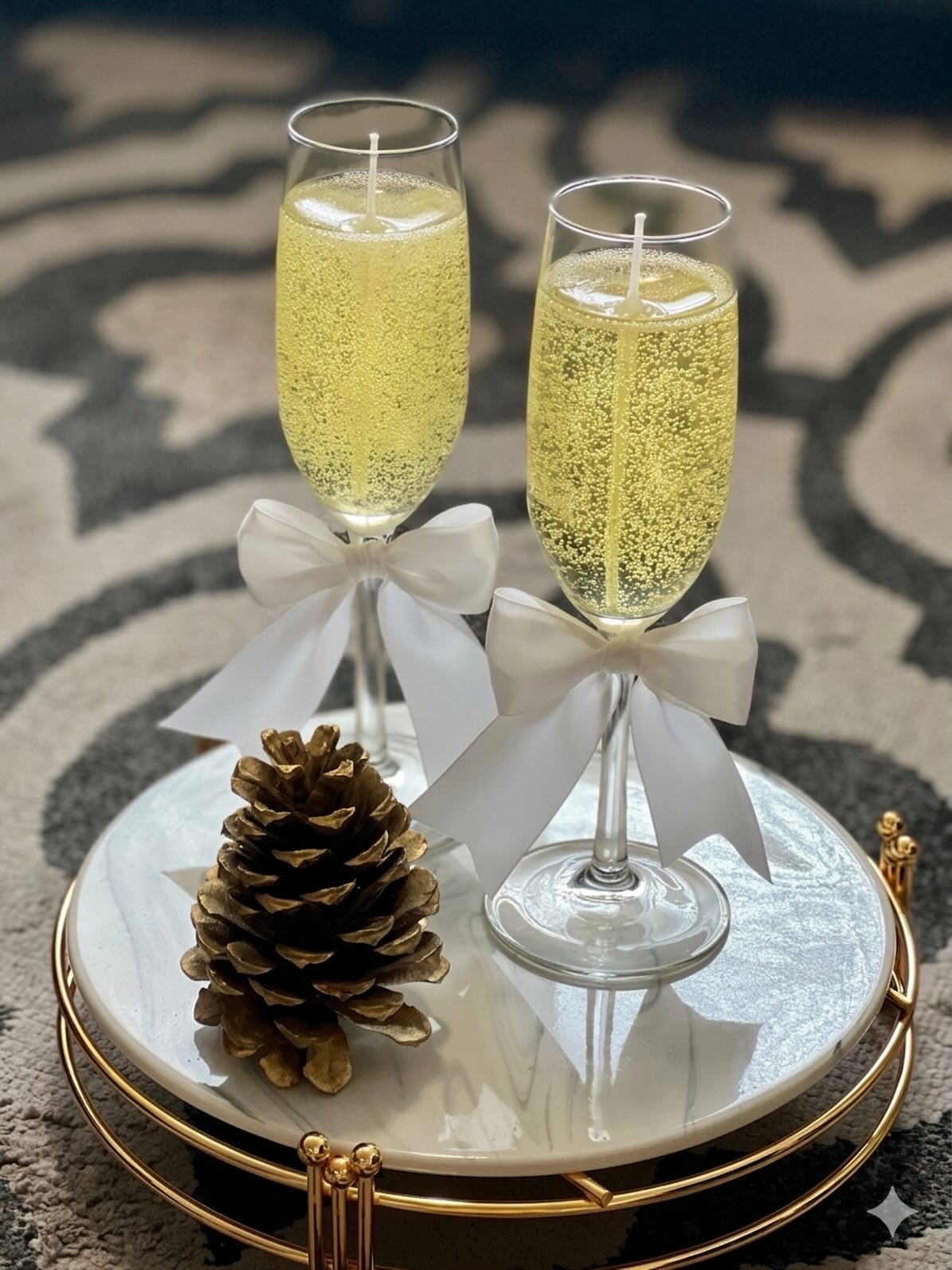 Champagne Glow Duo – pair of celebration candles in champagne flute glasses, by Lumina By Saima