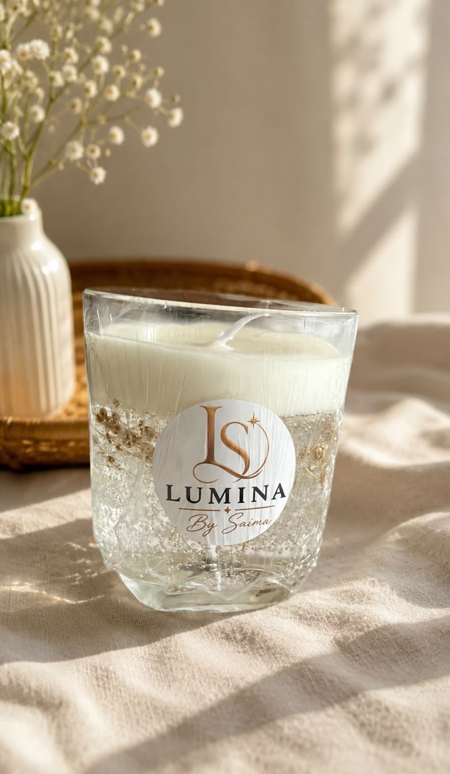 Crystal Whisper Candle – creamy soy wax top with crystal-clear gel wax base, by Lumina By Saima