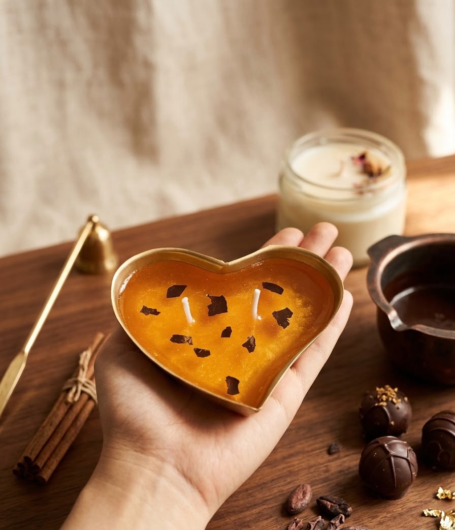 Golden Glow Candle – hand-poured soy wax with gold foil accents in heart-shaped gold tin, by Lumina By Saima
