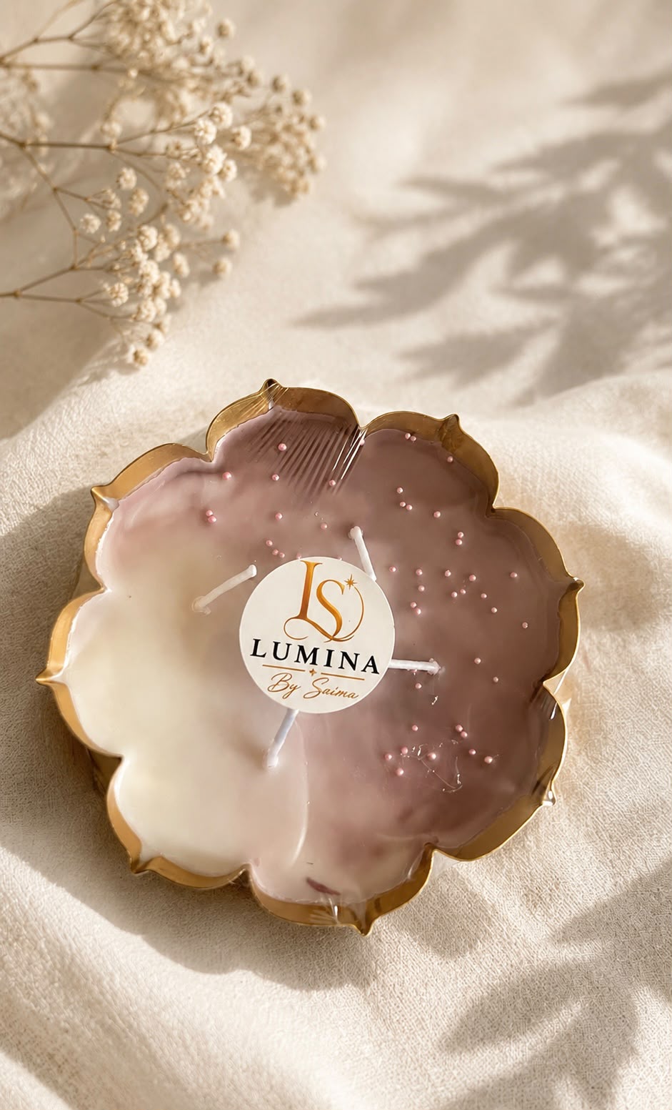 Lilac Bloom Candle – handcrafted flower-shaped soy wax candle in lilac marble finish with gold floral bowl, by Lumina By Saima