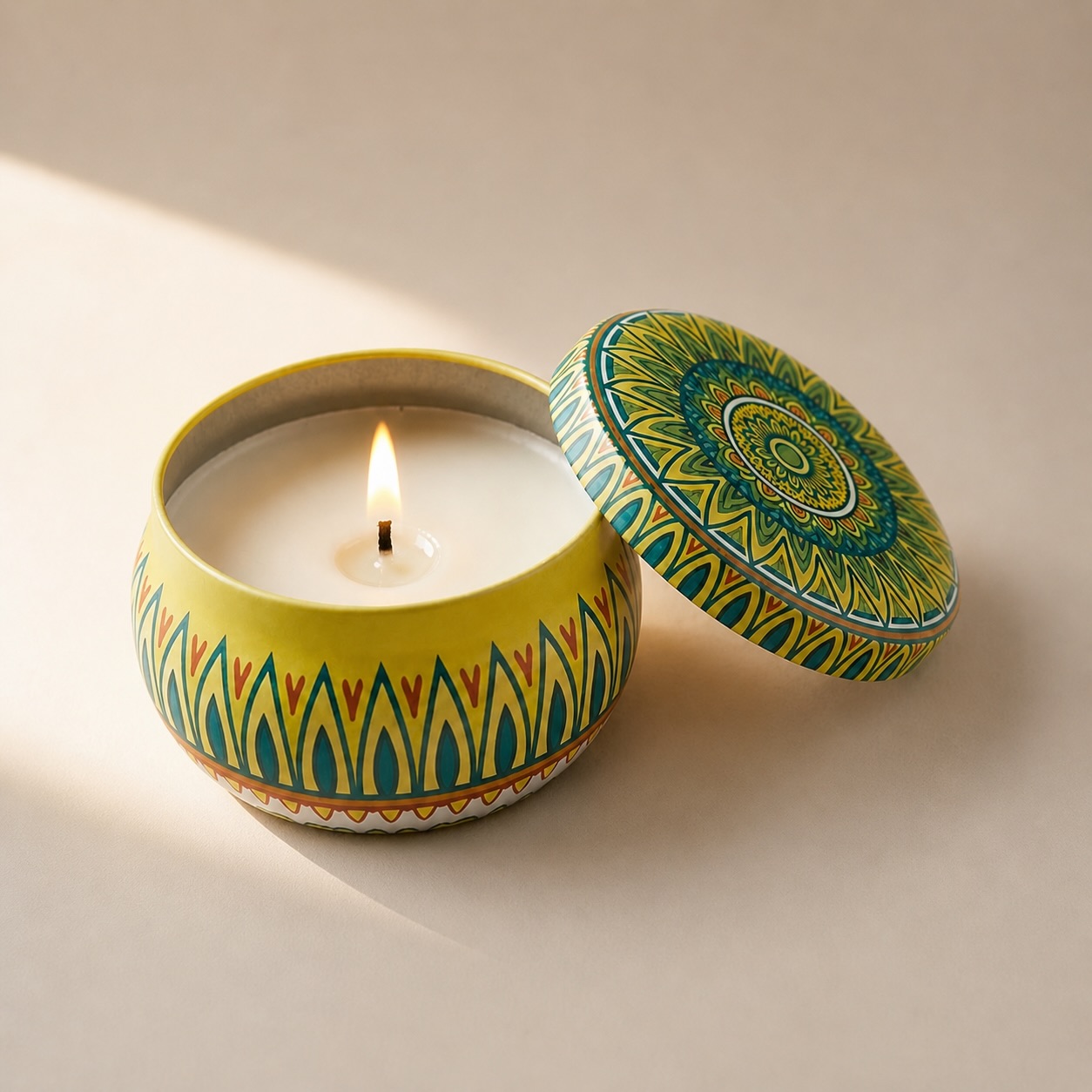 Mandala Glow Tin Candle – sandalwood scented candle in reusable mandala-print tin, by Lumina By Saima