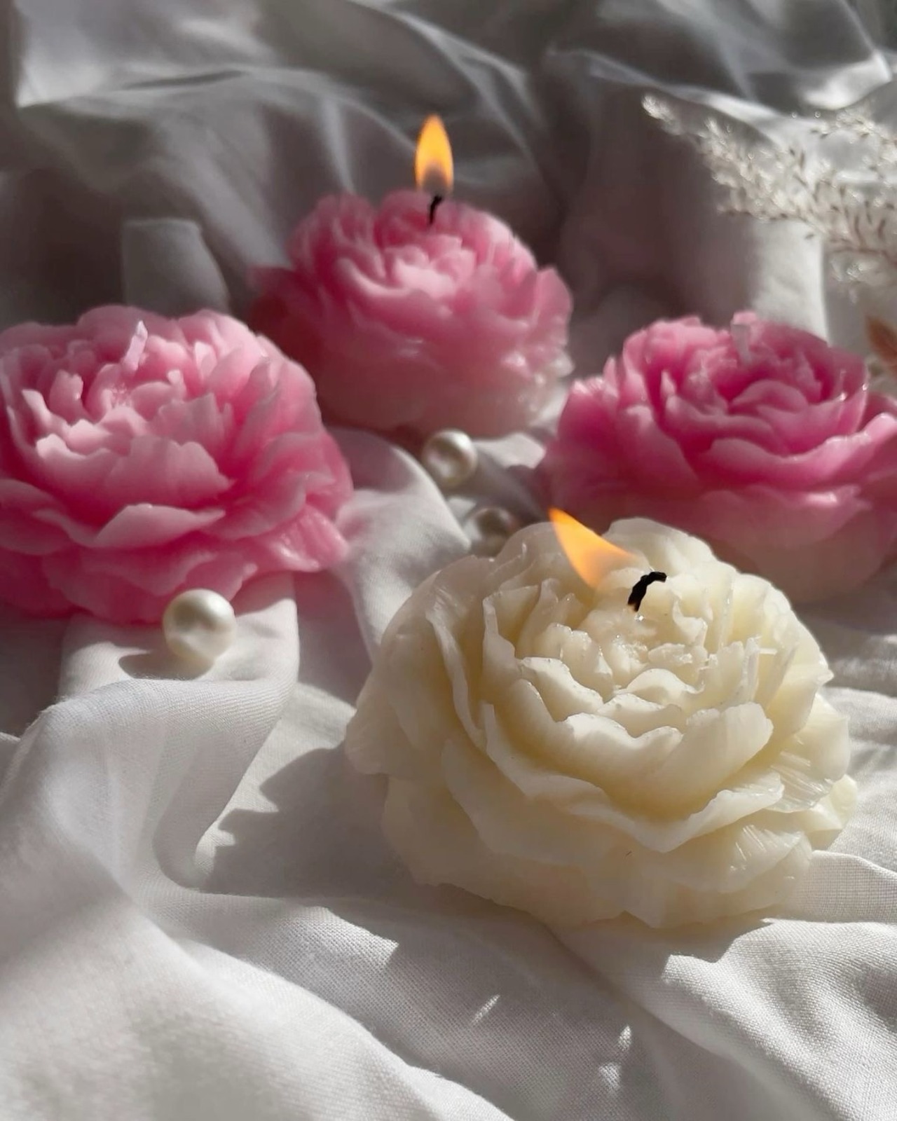 Peony Bloom Candle – available in pink and white, soy wax, Lumina By Saima
