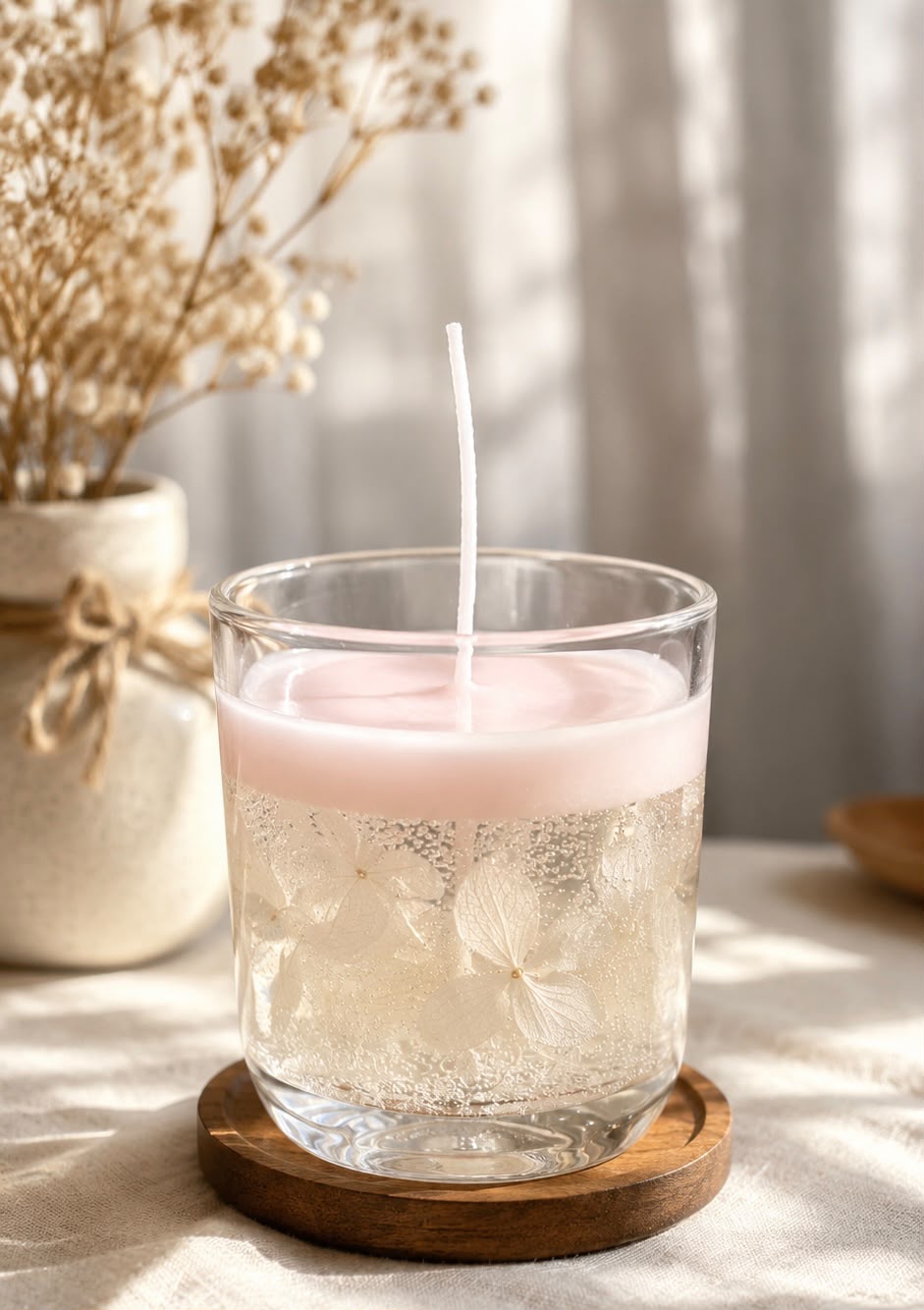 Petal Glow Candle – delicate white flowers soy wax candle, by Lumina By Saima