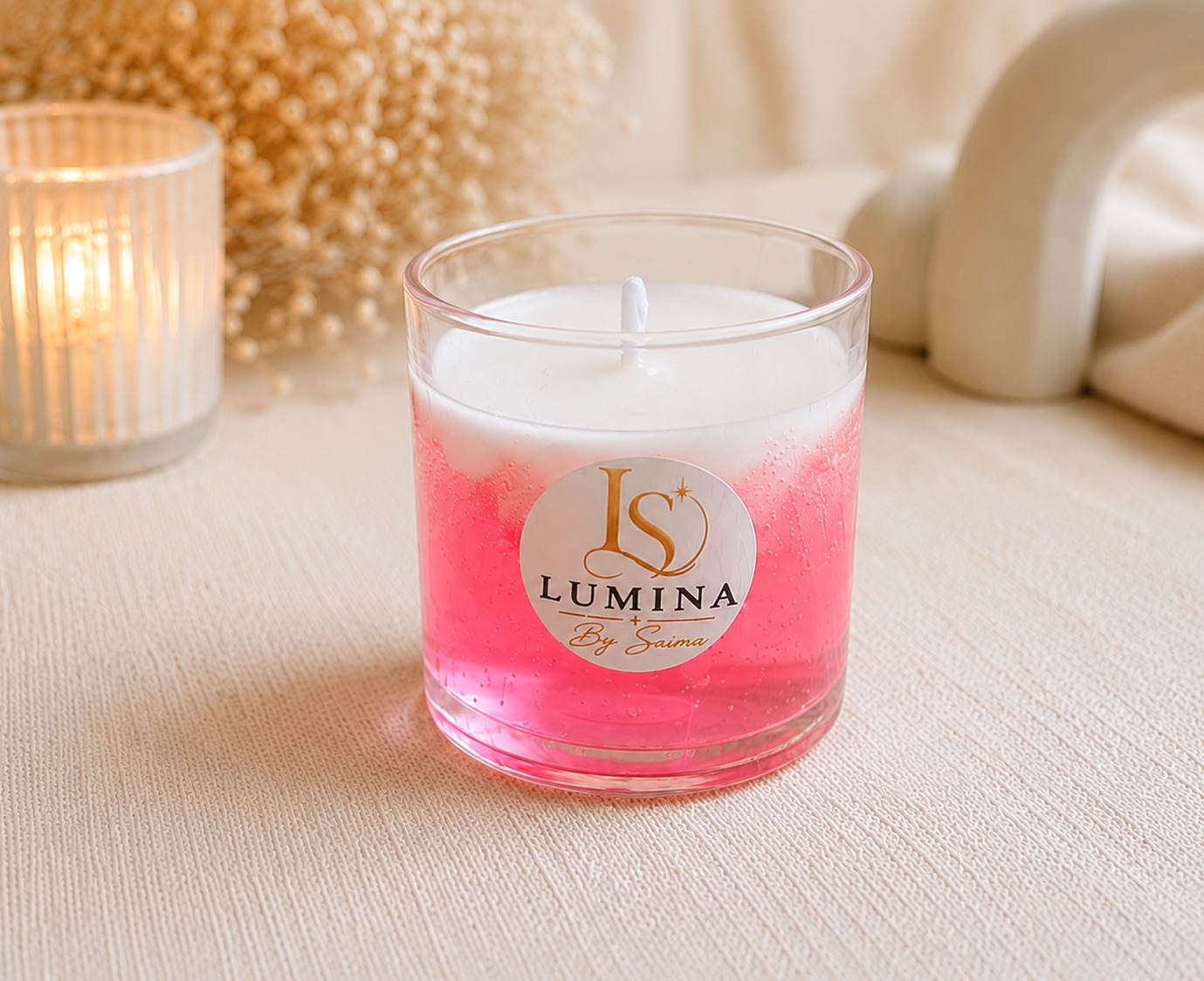 Pink Aura Candle – pink peony scented soy wax candle, Lumina By Saima
