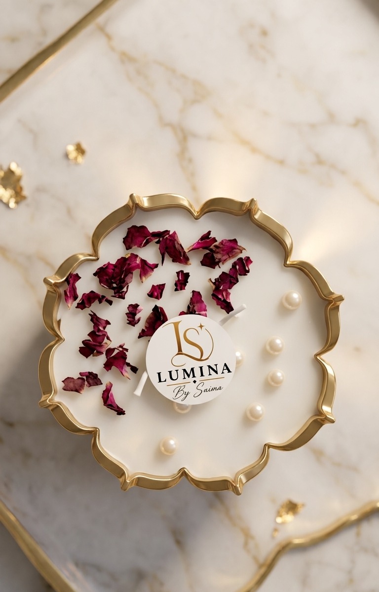 Rose Pearl Candle – ivory soy wax with pearls and dried rose petals, Lumina By Saima