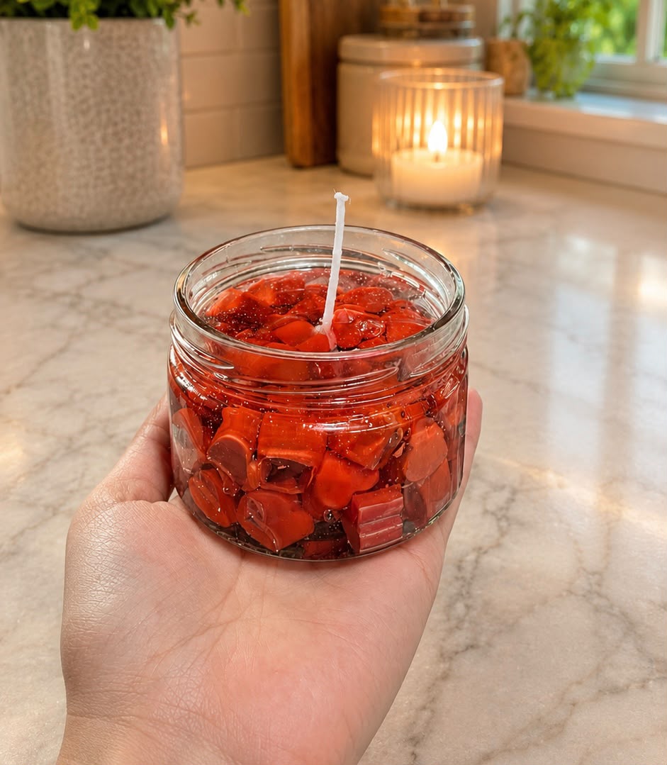 Ruby Crush Candle – premium gel candle with ruby-red crystal wax embeds in clear glass jar, by Lumina By Saima